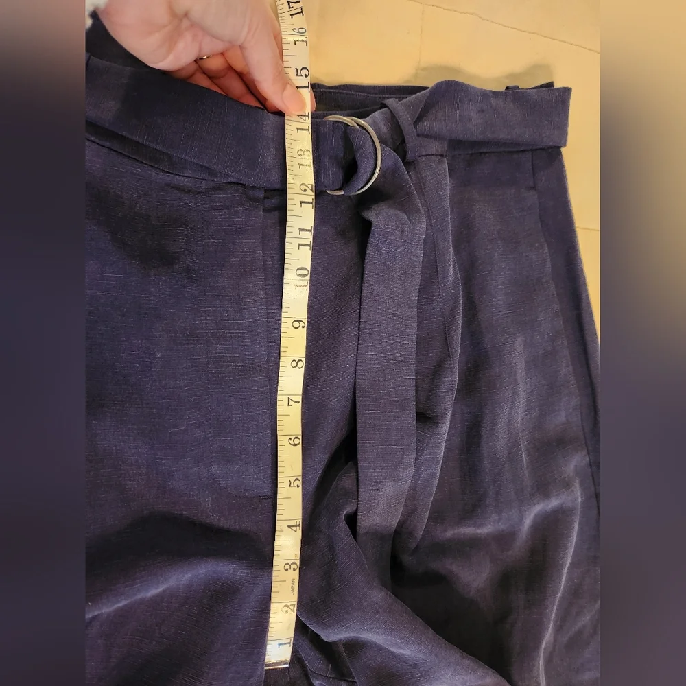 BANANA REPUBLIC Pants Linen-Blend, Wide-Leg, High Rise, Navy, Belted Size 14 NWT